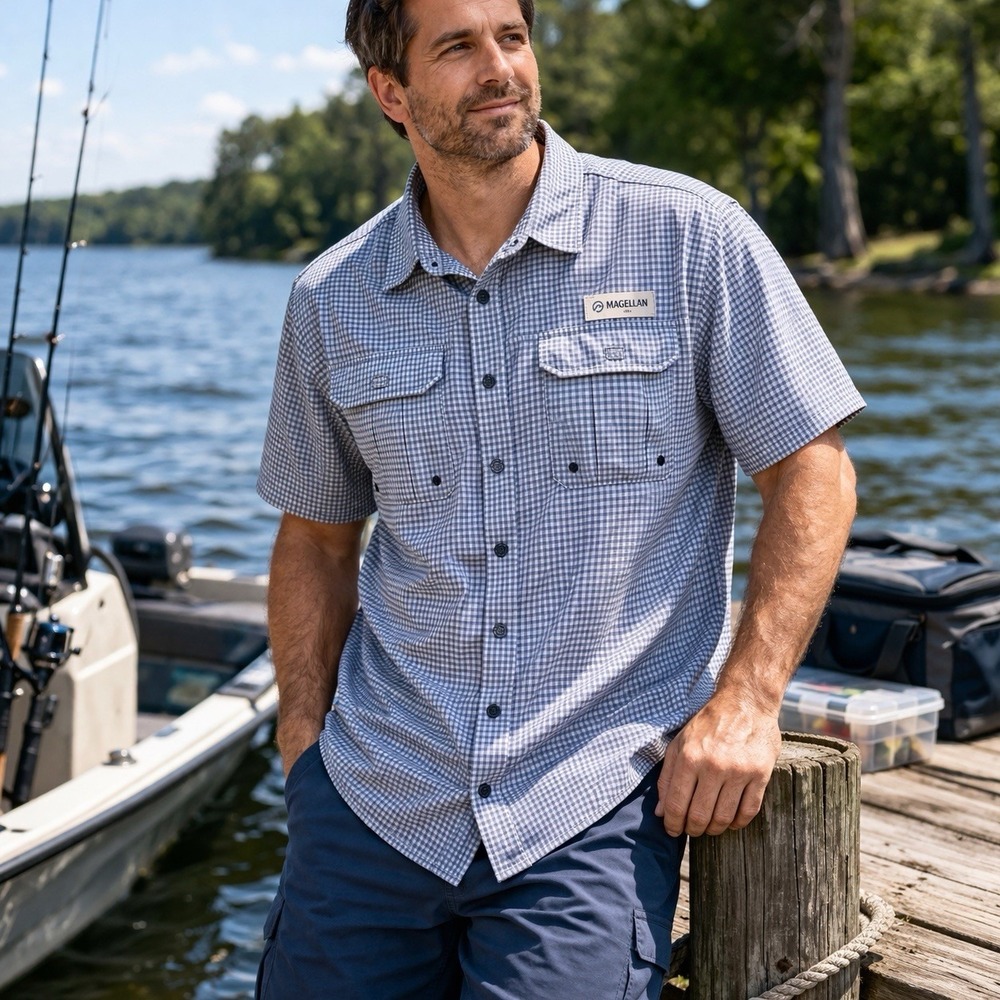 Magellan Outdoors Fish Gear 2XL Shirt Gingham Plaid Button Down Moisture Wicking